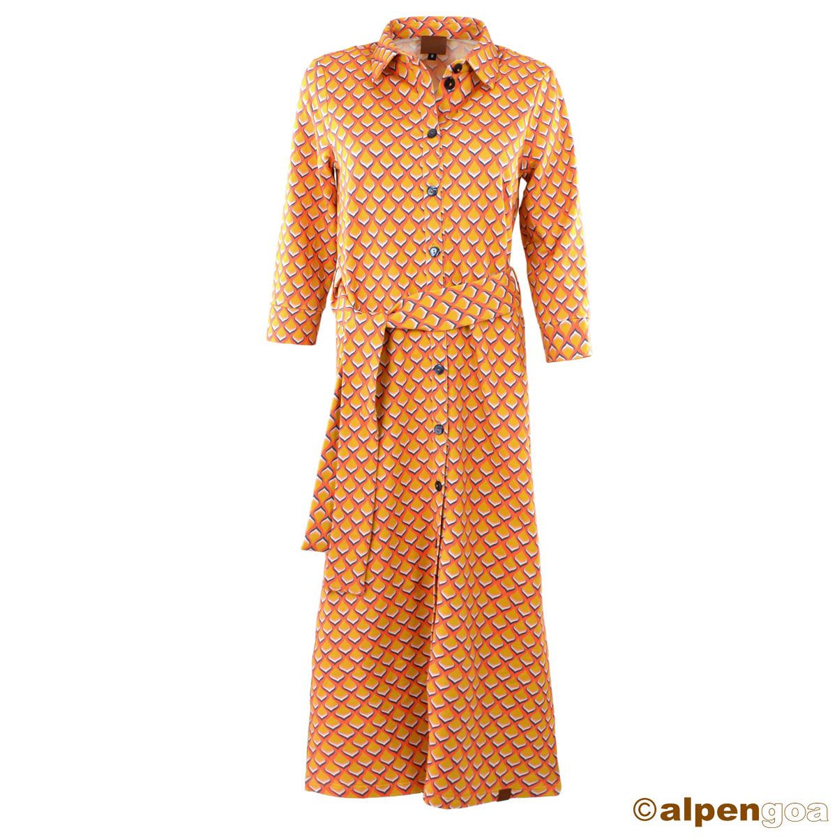 Maxikleid mit Kragen und Bindegürtel Muster orange